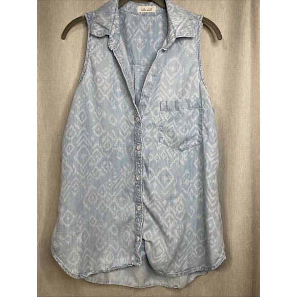 Bella Dahl Sleeveless Blouse Women’s Sz Large Aztec Western Chambray Button Down - Picture 1 of 5